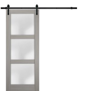 Sturdy Barn Door | Lucia 2552 Ginger Ash with Frosted Glass | 6.6FT Rail Hangers Heavy Hardware Set | Solid Panel Interior Doors