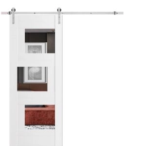 Modern Barn Door Opaque Glass / Sete 6999 White Silk with Mirror / 6.6FT Rail Track Heavy Hardware Set / Solid Panel Interior Doors-42" x 80"
