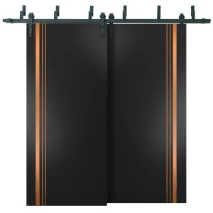 Sliding Closet Barn Bypass Doors with Hardware | Planum 1010 Matte Black and Aluminum Strips | Sturdy 6.6ft Rails Hardware Set | Modern Wood Solid Bedroom Wardrobe Doors