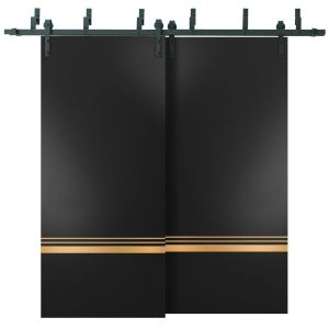 Sliding Closet Barn Bypass Doors with Hardware | Planum 2010 Matte Black and Aluminum Strips | Sturdy 6.6ft Rails Hardware Set | Modern Wood Solid Bedroom Wardrobe Doors