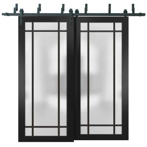 Sliding Closet Barn Bypass Doors with Hardware | Planum 2112 Matte Black with Frosted Glass and Aluminum Strips | Sturdy 6.6ft Rails Hardware Set | Modern Wood Solid Bedroom Wardrobe Doors