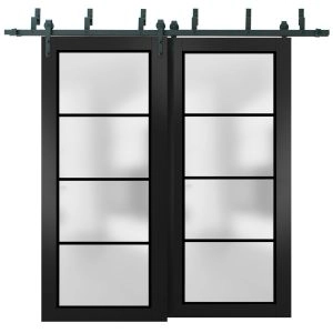 Sliding Closet Barn Bypass Doors with Hardware | Planum 2132 Matte Black with Frosted Glass and Aluminum Strips | Sturdy 6.6ft Rails Hardware Set | Modern Wood Solid Bedroom Wardrobe Doors