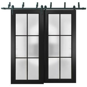 Sliding Closet Barn Bypass Doors with Hardware | Planum 2122 Matte Black with Frosted Glass and Aluminum Strips | Sturdy 6.6ft Rails Hardware Set | Modern Wood Solid Bedroom Wardrobe Doors