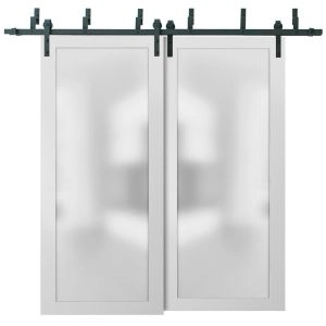 Sliding Closet Barn Bypass Doors with Hardware | Planum 2102 White Silk with Frosted Glass | Sturdy 6.6ft Rails Hardware Set | Modern Wood Solid Bedroom Wardrobe Doors 