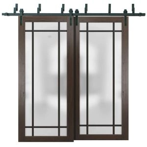 Sliding Closet Barn Bypass Doors with Hardware | Planum 2112 Chocolate Ash with Frosted Glass and Aluminum Strips | Sturdy 6.6ft Rails Hardware Set | Modern Wood Solid Bedroom Wardrobe Doors