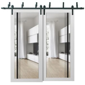 Sliding Closet Barn Bypass Doors | Lucia 2566 White Silk with Clear Glass and Aluminum Strips | Sturdy 6.6ft Rails Hardware Set | Wood Solid Bedroom Wardrobe Doors