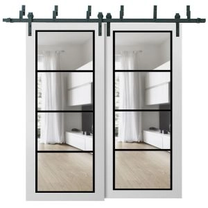 Sliding Closet Barn Bypass Doors | Lucia 2466 White Silk with Clear Glass and Aluminum Strips | Sturdy 6.6ft Rails Hardware Set | Wood Solid Bedroom Wardrobe Doors