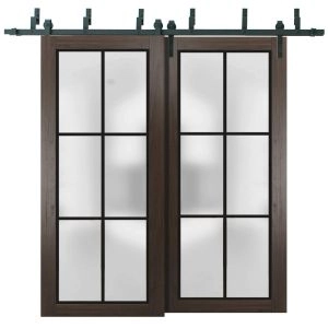Sliding Closet Barn Bypass Doors with Hardware | Planum 2122 Chocolate Ash with Frosted Glass and Aluminum Strips | Sturdy 6.6ft Rails Hardware Set | Modern Wood Solid Bedroom Wardrobe Doors