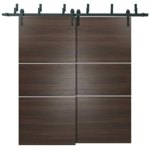 Sliding Closet Barn Bypass Doors | Planum 0110 Chocolate Ash and Aluminum Strips | Sturdy Top Mount 6.6ft Rails Hardware Set | Wood Solid Bedroom Wardrobe Doors