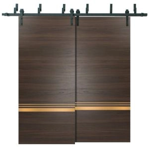 Sliding Closet Barn Bypass Doors | Planum 2010 Chocolate Ash and Aluminum Strips | Sturdy Top Mount 6.6ft Rails Hardware Set | Wood Solid Bedroom Wardrobe Doors