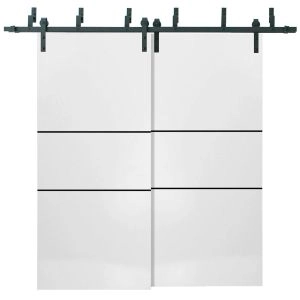 Sliding Closet Barn Bypass Doors | Planum 0014 White Silk and Aluminum Strips | Sturdy Top Mount 6.6ft Rails Hardware Set | Wood Solid Bedroom Wardrobe Doors