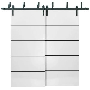 Sliding Closet Barn Bypass Doors | Planum 0015 White Silk and Aluminum Strips | Sturdy Top Mount 6.6ft Rails Hardware Set | Wood Solid Bedroom Wardrobe Doors