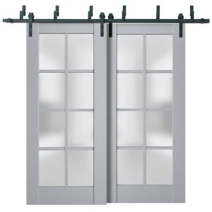 Sliding Closet Barn Bypass Doors | Veregio 7412 Matte Grey with Frosted Glass | Sturdy 6.6ft Rails Hardware Set | Wood Solid Bedroom Wardrobe Doors 