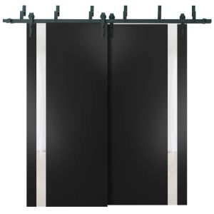 Sliding Closet Barn Bypass Doors | Planum 0040 Matte Black with White Glass | Sturdy 6.6ft Rails Hardware Set | Wood Solid Bedroom Wardrobe Doors 