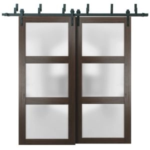 Sliding Closet Barn Bypass Doors | Lucia 2552 Chocolate Ash with Frosted Glass | Sturdy 6.6ft Rails Hardware Set | Wood Solid Bedroom Wardrobe Doors 