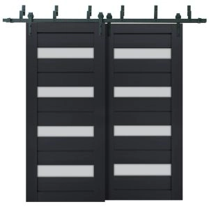 Sliding Closet Barn Bypass Doors | Veregio 7455 Antracite with Frosted Glass | Sturdy 6.6ft Rails Hardware Set | Wood Solid Bedroom Wardrobe Doors 