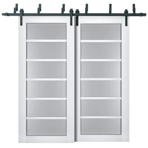 Sliding Closet Barn Bypass Doors | Veregio 7602 White Silk with Frosted Glass | Sturdy 6.6ft Rails Hardware Set | Wood Solid Bedroom Wardrobe Doors 