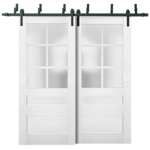 Sliding Closet Barn Bypass Doors | Veregio 7339 White Silk with Frosted Glass | Sturdy 6.6ft Rails Hardware Set | Wood Solid Bedroom Wardrobe Doors 