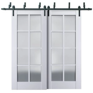 Sliding Closet Barn Bypass Doors | Veregio 7412 White Silk with Frosted Glass | Sturdy 6.6ft Rails Hardware Set | Wood Solid Bedroom Wardrobe Doors 