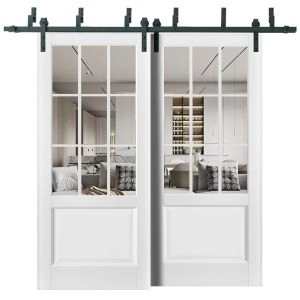 Sliding Closet Barn Bypass Doors | Felicia 3599 White Silk with Clear Glass | Sturdy 6.6ft Rails Hardware Set | Wood Solid Bedroom Wardrobe Doors 