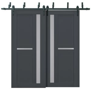 Sliding Closet Barn Bypass Doors | Veregio 7288 Antracite with Frosted Glass | Sturdy 6.6ft Rails Hardware Set | Wood Solid Bedroom Wardrobe Doors 