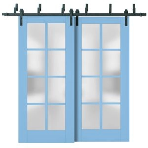 Sliding Closet Barn Bypass Doors | Veregio 7412 Aquamarine with Frosted Glass | Sturdy 6.6ft Rails Hardware Set | Wood Solid Bedroom Wardrobe Doors 