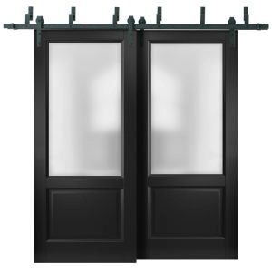Sliding Closet Barn Bypass Doors | Lucia 22 Matte Black with Frosted Glass | Sturdy 6.6ft Rails Hardware Set | Wood Solid Bedroom Wardrobe Doors 