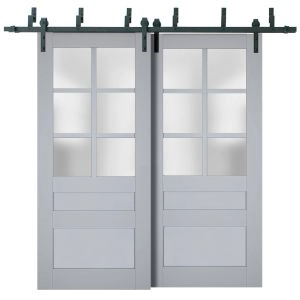 Sliding Closet Barn Bypass Doors | Veregio 7339 Matte Grey with Frosted Glass | Sturdy 6.6ft Rails Hardware Set | Wood Solid Bedroom Wardrobe Doors 