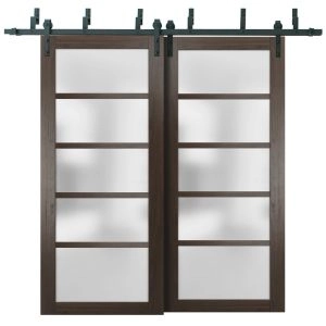 Sliding Closet Barn Bypass Doors | Quadro 4002 Chocolate Ash with Frosted Glass | Sturdy 6.6ft Rails Hardware Set | Wood Solid Bedroom Wardrobe Doors 