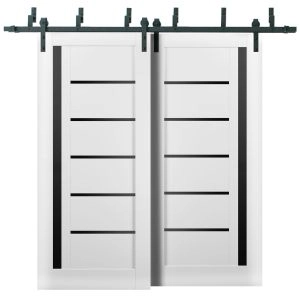 Sliding Closet Barn Bypass Doors | Quadro 4588 White Silk with Black Glass | Sturdy 6.6ft Rails Hardware Set | Wood Solid Bedroom Wardrobe Doors 
