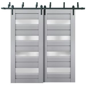 Sliding Closet Barn Bypass Doors | Veregio 7455 Matte Grey with Frosted Glass | Sturdy 6.6ft Rails Hardware Set | Wood Solid Bedroom Wardrobe Doors 