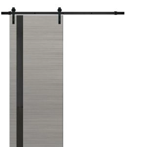 Sturdy Barn Door | Planum 0040 Grey Oak with Black Glass | 6.6FT Rail Hangers Heavy Hardware Set | Solid Panel Interior Doors