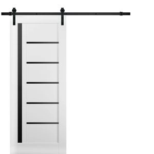 Sturdy Barn Door | Quadro 4588 White Silk with Black Glass | 6.6FT Rail Hangers Heavy Hardware Set | Solid Panel Interior Doors