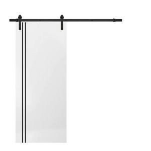 Sturdy Barn Door with Hardware | Planum 0016 White Silk and Aluminum Strips | 6.6FT Rail Hangers Heavy Set | Modern Solid Panel Interior Doors