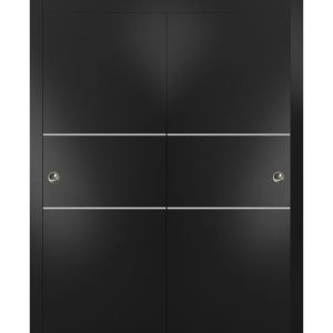 Sliding Closet Bypass Doors with Hardware | Planum 0110 Matte Black and Aluminum Strips | Sturdy Rails Moldings Trims Hardware Set | Modern Wood Solid Bedroom Wardrobe Doors