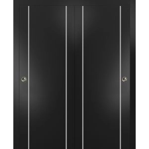 Sliding Closet Bypass Doors with Hardware | Planum 0410 Matte Black | Sturdy Rails Moldings Trims Hardware Set | Modern Wood Solid Bedroom Wardrobe Doors 