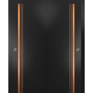 Sliding Closet Bypass Doors with Hardware | Planum 1010 Matte Black and Aluminum Strips | Sturdy Rails Moldings Trims Hardware Set | Modern Wood Solid Bedroom Wardrobe Doors