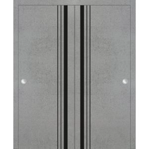 Sliding Closet Bypass Doors | Planum 0011 Concrete and Aluminum Strips | Sturdy Rails Moldings Trims Hardware Set | Wood Solid Bedroom Wardrobe Doors