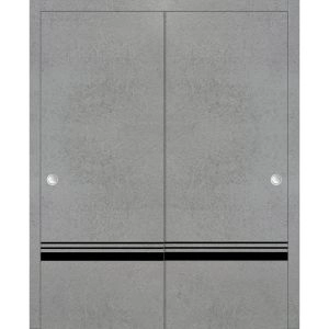 Sliding Closet Bypass Doors | Planum 0012 Concrete and Aluminum Strips | Sturdy Rails Moldings Trims Hardware Set | Wood Solid Bedroom Wardrobe Doors