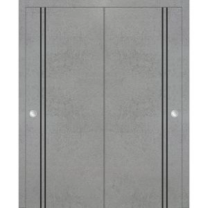 Sliding Closet Bypass Doors | Planum 0016 Concrete and Aluminum Strips | Sturdy Rails Moldings Trims Hardware Set | Wood Solid Bedroom Wardrobe Doors