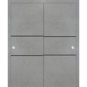 Sliding Closet Bypass Doors | Planum 0014 Concrete and Aluminum Strips | Sturdy Rails Moldings Trims Hardware Set | Wood Solid Bedroom Wardrobe Doors