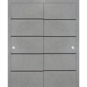Sliding Closet Bypass Doors | Planum 0015 Concrete and Aluminum Strips | Sturdy Rails Moldings Trims Hardware Set | Wood Solid Bedroom Wardrobe Doors