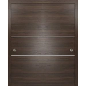 Sliding Closet Bypass Doors | Planum 0110 Chocolate Ash and Aluminum Strips | Sturdy Top Mount Rails Moldings Trims Hardware Set | Wood Solid Bedroom Wardrobe Doors