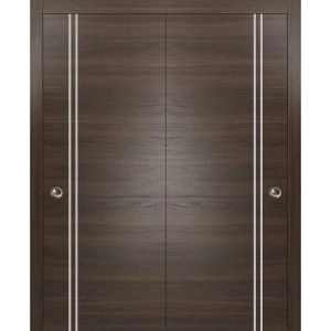 Sliding Closet Bypass Doors | Planum 0310 Chocolate Ash and Aluminum Strips | Sturdy Top Mount Rails Moldings Trims Hardware Set | Wood Solid Bedroom Wardrobe Doors