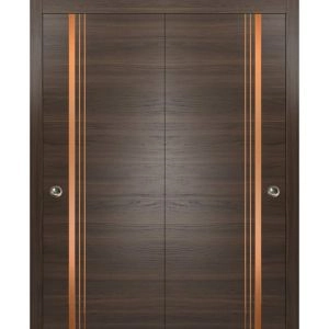 Sliding Closet Bypass Doors | Planum 1010 Chocolate Ash and Aluminum Strips | Sturdy Top Mount Rails Moldings Trims Hardware Set | Wood Solid Bedroom Wardrobe Doors