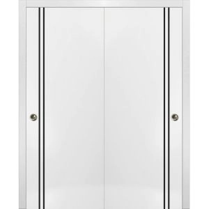 Sliding Closet Bypass Doors | Planum 0016 White Silk and Aluminum Strips | Sturdy Top Mount Rails Moldings Trims Hardware Set | Wood Solid Bedroom Wardrobe Doors