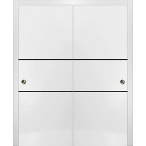 Sliding Closet Bypass Doors | Planum 0014 White Silk and Aluminum Strips | Sturdy Top Mount Rails Moldings Trims Hardware Set | Wood Solid Bedroom Wardrobe Doors