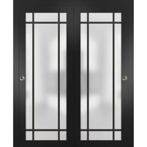 Sliding Closet Bypass Doors with Hardware | Planum 2112 Matte Black with Frosted Glass and Aluminum Strips | Sturdy Rails Moldings Trims Hardware Set | Modern Wood Solid Bedroom Wardrobe Doors