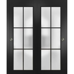 Sliding Closet Bypass Doors with Hardware | Planum 2122 Matte Black with Frosted Glass and Aluminum Strips | Sturdy Rails Moldings Trims Hardware Set | Modern Wood Solid Bedroom Wardrobe Doors
