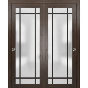Sliding Closet Bypass Doors with Hardware | Planum 2112 Chocolate Ash with Frosted Glass and Aluminum Strips | Sturdy Rails Moldings Trims Hardware Set | Modern Wood Solid Bedroom Wardrobe Doors